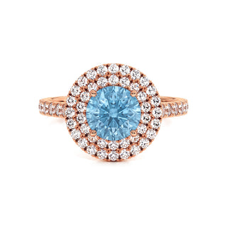 Bague Odéon Double Halo Rond, diamant bleu de laboratoire, or rose 18 carats — Maison Laveran Paris