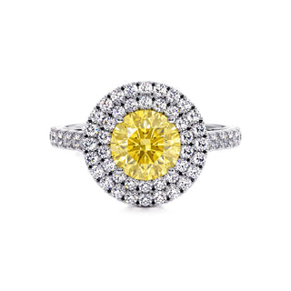 Bague Odéon Double Halo Rond, diamant jaune de laboratoire, or blanc 18 carats ou platine 950 — Maison Laveran Paris