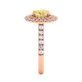 Bague Odéon Double Halo Rond, diamant jaune de laboratoire, vue de profil, or rose 18 carats — Maison Laveran Paris