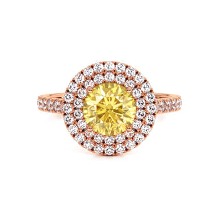 Bague Odéon Double Halo Rond, diamant jaune de laboratoire, or rose 18 carats — Maison Laveran Paris