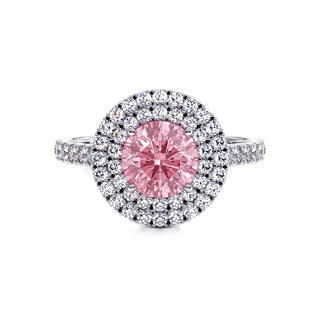 Bague Odéon Double Halo Rond, diamant rose de laboratoire, or blanc 18 carats ou platine 950 — Maison Laveran Paris