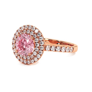 Bague Odéon Double Halo Rond, diamant rose de laboratoire, vue de trois-quarts, or rose 18 carats — Maison Laveran Paris