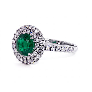 Odéon Round Double Halo Ring, synthetic emerald (lab-created stone), three-quarter view, 18k white gold or 950 platinum — Maison Laveran Paris