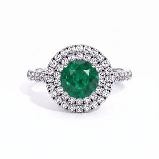 Odéon Round Double Halo Ring, synthetic emerald (lab-created stone), 18k white gold or 950 platinum — Maison Laveran Paris