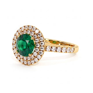 Odéon Round Double Halo Ring, synthetic emerald (lab-created stone), three-quarter view, 18k yellow gold — Maison Laveran Paris