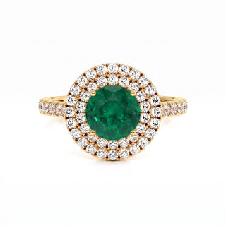 Odéon Round Double Halo Ring, synthetic emerald (lab-created stone), 18k yellow gold — Maison Laveran Paris