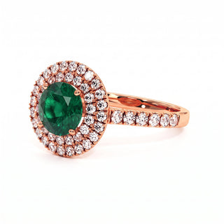 Odéon Round Double Halo Ring, synthetic emerald (lab-created stone), three-quarter view, 18k rose gold — Maison Laveran Paris