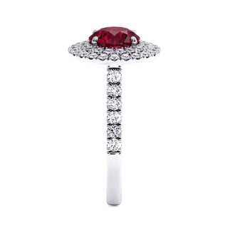 Odéon Round Double Halo Ring, synthetic ruby (lab-created stone), profile view, 18k white gold or 950 platinum — Maison Laveran Paris