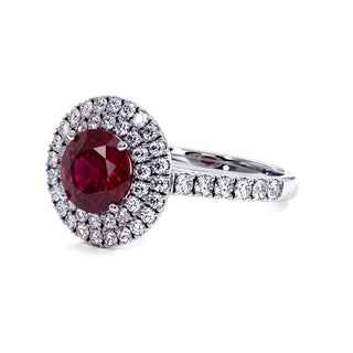 Odéon Round Double Halo Ring, synthetic ruby (lab-created stone), three-quarter view, 18k white gold or 950 platinum — Maison Laveran Paris