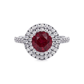 Odéon Round Double Halo Ring, synthetic ruby (lab-created stone), 18k white gold or 950 platinum — Maison Laveran Paris