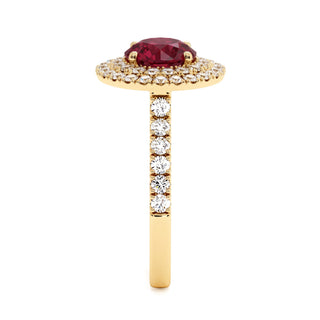 Odéon Round Double Halo Ring, synthetic ruby (lab-created stone), profile view, 18k yellow gold — Maison Laveran Paris