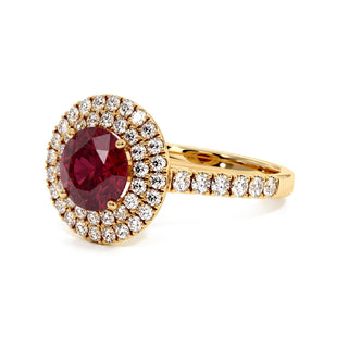 Odéon Round Double Halo Ring, synthetic ruby (lab-created stone), three-quarter view, 18k yellow gold — Maison Laveran Paris