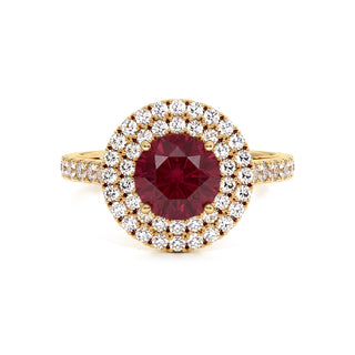 Odéon Round Double Halo Ring, synthetic ruby (lab-created stone), 18k yellow gold — Maison Laveran Paris