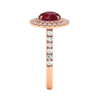 Odéon Round Double Halo Ring, synthetic ruby (lab-created stone), profile view, 18k rose gold — Maison Laveran Paris