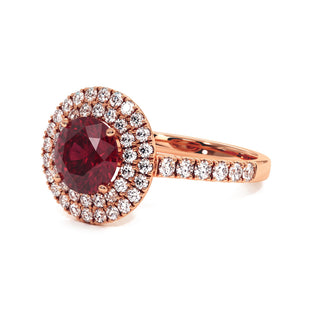 Odéon Round Double Halo Ring, synthetic ruby (lab-created stone), three-quarter view, 18k rose gold — Maison Laveran Paris