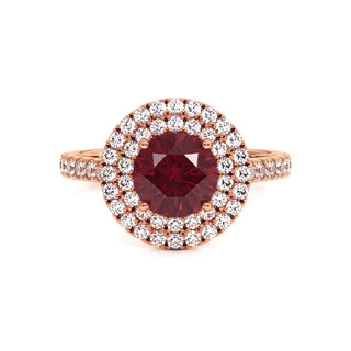 Odéon Round Double Halo Ring, synthetic ruby (lab-created stone), 18k rose gold — Maison Laveran Paris
