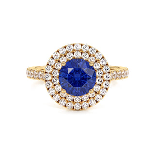 Bague Odéon Double Halo Rond, saphir bleu synthétique (pierre de synthèse), or jaune 18 carats — Maison Laveran Paris