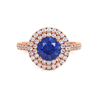Bague Odéon Double Halo Rond, saphir bleu synthétique (pierre de synthèse), or rose 18 carats — Maison Laveran Paris