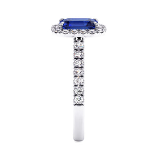 Odéon Emerald Cut Ring, synthetic blue sapphire (lab-created stone), profile view, 18k white gold or 950 platinum — Maison Laveran Paris