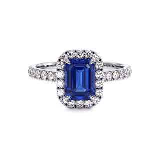 Odéon Emerald Cut Ring, synthetic blue sapphire (lab-created stone), 18k white gold or 950 platinum — Maison Laveran Paris