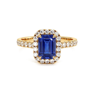 Odéon Emerald Cut Ring, synthetic blue sapphire (lab-created stone), 18k yellow gold — Maison Laveran Paris