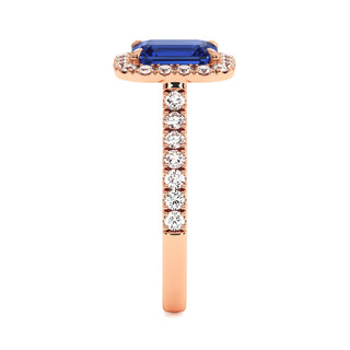 Odéon Emerald Cut Ring, synthetic blue sapphire (lab-created stone), profile view, 18k rose gold — Maison Laveran Paris