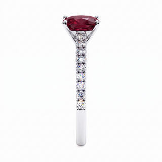 Vendôme Ring, cushion-cut synthetic ruby (lab-created stone), profile view, 18k white gold or 950 platinum — Maison Laveran Paris