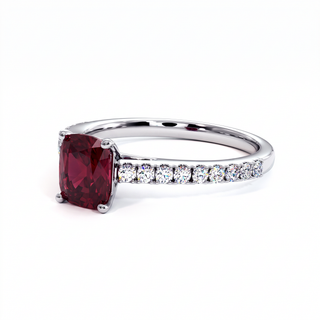 Vendôme Ring, cushion-cut synthetic ruby (lab-created stone), three-quarter view, 18k white gold or 950 platinum — Maison Laveran Paris