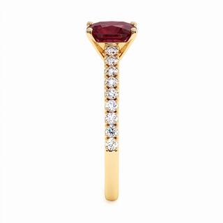 Vendôme Ring, cushion-cut synthetic ruby (lab-created stone), profile view, 18k yellow gold — Maison Laveran Paris