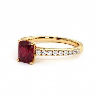 Vendôme Ring, cushion-cut synthetic ruby (lab-created stone), three-quarter view, 18k yellow gold — Maison Laveran Paris