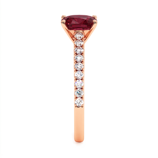 Vendôme Ring, cushion-cut synthetic ruby (lab-created stone), profile view, 18k rose gold — Maison Laveran Paris