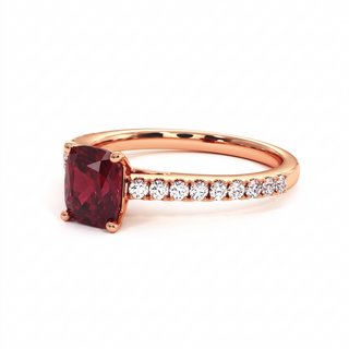 Vendôme Ring, cushion-cut synthetic ruby (lab-created stone), three-quarter view, 18k rose gold — Maison Laveran Paris