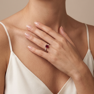 Vendôme Synthetic Ruby Cushion Ring worn on the finger, shown in 18k white gold — Maison Laveran Paris