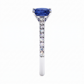 Vendôme Ring, cushion-cut synthetic blue sapphire (lab-created stone), profile view, 18k white gold or 950 platinum — Maison Laveran Paris
