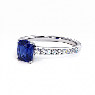 Vendôme Ring, cushion-cut synthetic blue sapphire (lab-created stone), three-quarter view, 18k white gold or 950 platinum — Maison Laveran Paris