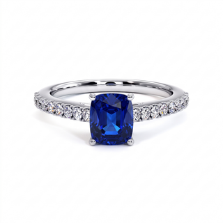 Vendôme Ring, cushion-cut synthetic blue sapphire (lab-created stone), 18k white gold or 950 platinum — Maison Laveran Paris