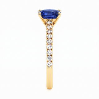 Vendôme Ring, cushion-cut synthetic blue sapphire (lab-created stone), profile view, 18k yellow gold — Maison Laveran Paris
