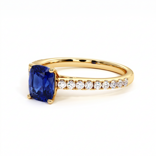 Vendôme Ring, cushion-cut synthetic blue sapphire (lab-created stone), three-quarter view, 18k yellow gold — Maison Laveran Paris