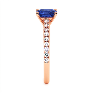 Vendôme Ring, cushion-cut synthetic blue sapphire (lab-created stone), profile view, 18k rose gold — Maison Laveran Paris