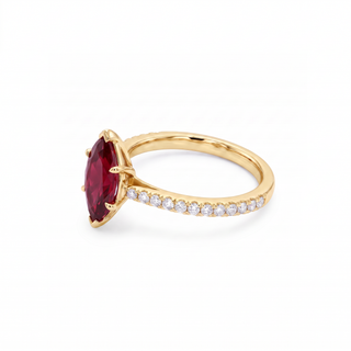 Vendôme Ring, marquise-cut synthetic ruby (lab-created stone), three-quarter view, 18k yellow gold — Maison Laveran Paris