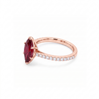 Vendôme Ring, marquise-cut synthetic ruby (lab-created stone), three-quarter view, 18k rose gold — Maison Laveran Paris