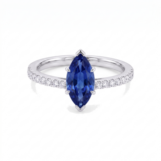 Bague Vendôme, saphir bleu synthétique marquise (pierre de synthèse), or blanc 18 carats ou platine 950 — Maison Laveran Paris