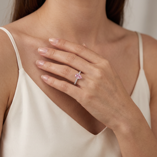 Vendôme Pink Pear Diamond Ring worn on the finger, shown in 18k white gold — Maison Laveran Paris