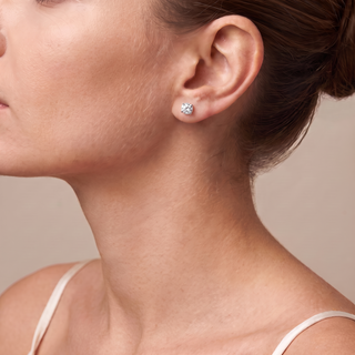 Boucles d'Oreilles Montaigne Diamants Ronds portées à l'oreille, or rose 18 carats — Maison Laveran Paris