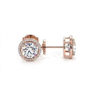 Boucles d'Oreilles Odéon Diamant Rond, halo de diamants de laboratoire, or rose 18 carats — Maison Laveran Paris