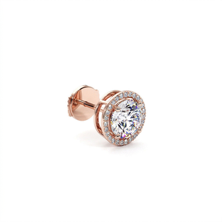 Boucles d'Oreilles Odéon Diamant Rond, halo de diamants de laboratoire, or rose 18 carats — Maison Laveran Paris