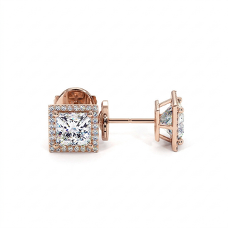 Boucles d'Oreilles Odéon Diamant Princesse, halo de diamants de laboratoire, or rose 18 carats — Maison Laveran Paris