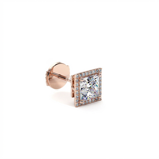 Boucles d'Oreilles Odéon Diamant Princesse, halo de diamants de laboratoire, or rose 18 carats — Maison Laveran Paris