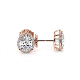 Boucles d'Oreilles Odéon Diamant Poire, halo de diamants de laboratoire, or rose 18 carats — Maison Laveran Paris