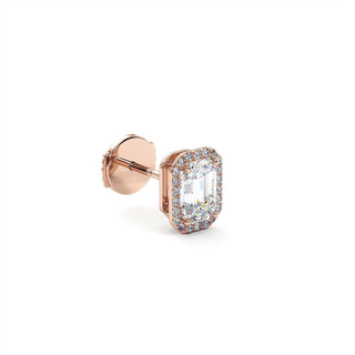 Boucles d'Oreilles Odéon Diamant Taille Émeraude, halo de diamants de laboratoire, or rose 18 carats — Maison Laveran Paris